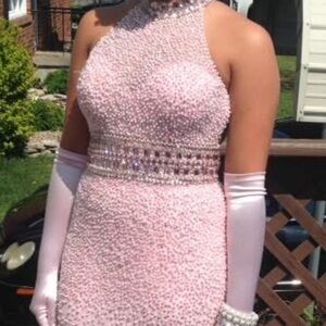 Elegant Pink Beaded Gown with Gloves